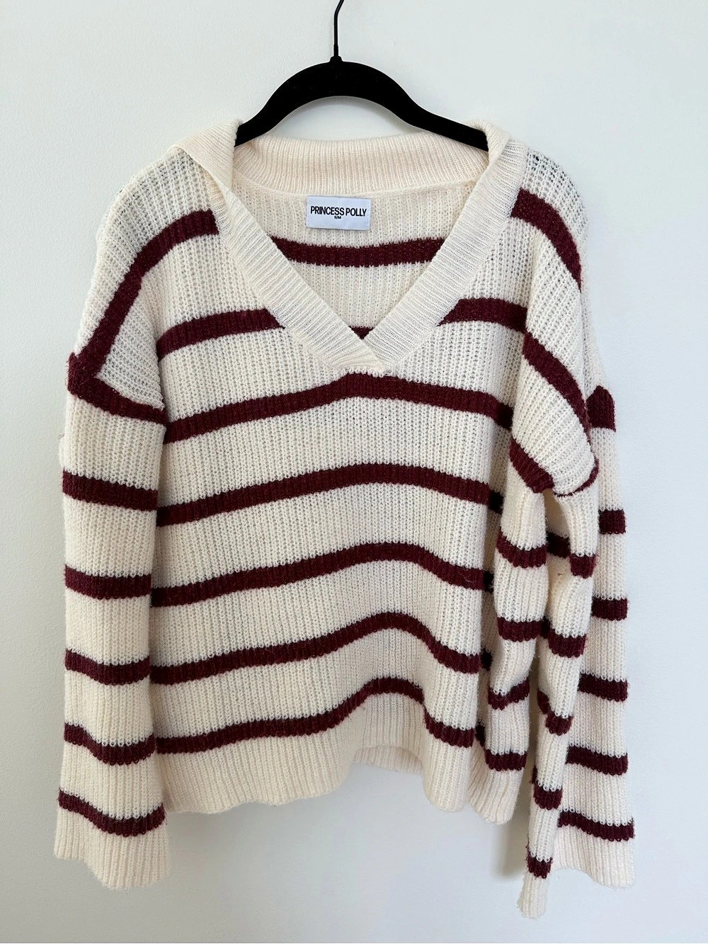 Princess Polly Forte Knit Sweater Red / Cream Striped V-Neck Sweater Cream &